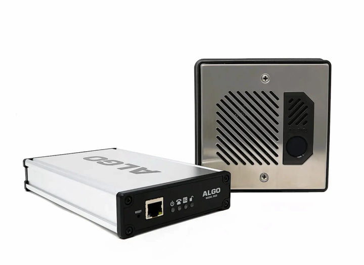 Algo 8028 G2 SIP Intercom kit showing the stainless steel outdoor door station and the separate interior security controller on a white background.