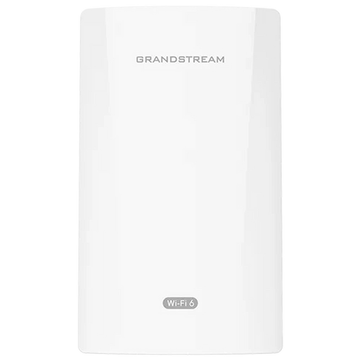 Front view of Grandstream GWN7302 outdoor 5GHz Wi-Fi 6 wireless bridge featuring clean white casing and Wi-Fi 6 logo.