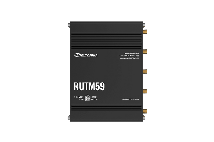 Teltonika RUTM59 Industrial 5G Router top view showing branding and rugged aluminum housing.