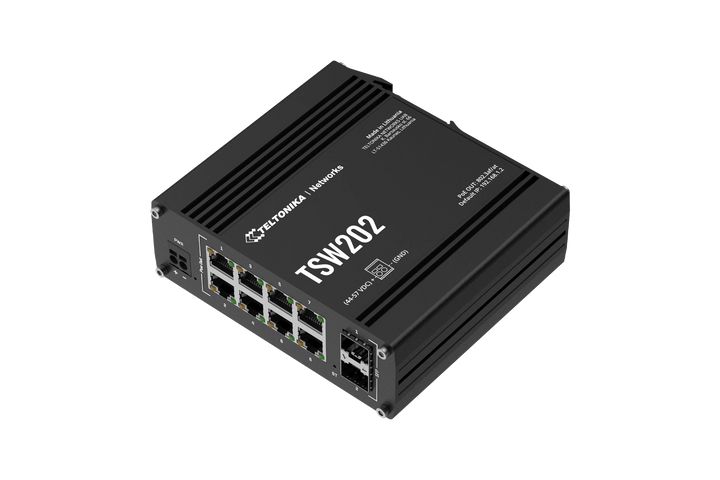 High-angle perspective of the Teltonika TSW202 Managed Switch showing the rugged aluminum housing and power specifications.
