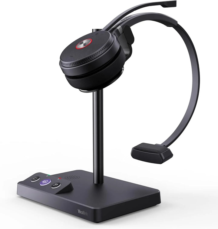 Yealink WH62 Mono Teams V3 DECT wireless headset docked on its charging base. The base features illuminated buttons, including a prominent Microsoft Teams button (with the purple Teams logo).