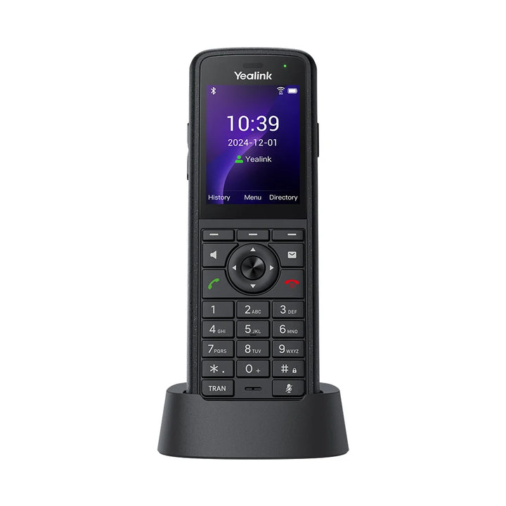 Yealink AX86R rugged Wi-Fi 6 IP phone with 2.4-inch color screen and IP67 protection (front view of the handset sitting on charging cradle).