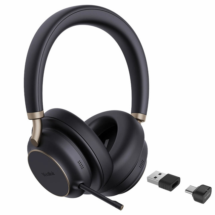 Yealink BH76 Plus Teams USB-C/A Headset (side view) showing retractable microphone arm and usb-c/a adapter.