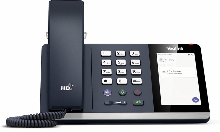 Yealink MP45 Microsoft Teams USB desk phone front view featuring 4-inch color touchscreen and physical dial pad.