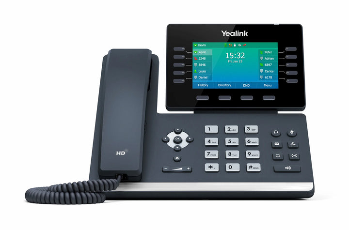 Front view of Yealink SIP-T54W business IP phone with built-in Wi-Fi, bulit-in Bluetooth and 4.3-inch color display.
