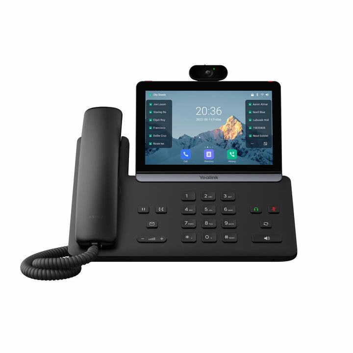 Front view of the Yealink SIP-T88V video phone featuring an integrated HD camera and a professional corded handset.