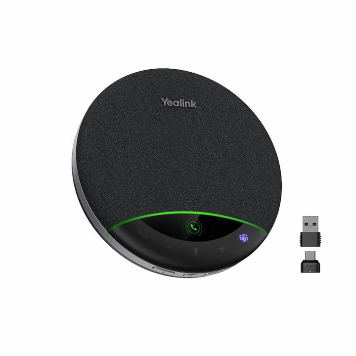 Yealink SP96 Bluetooth speakerphone with integrated LCD display shown alongside the BT51C USB-C/A dongle for stable PC connectivity.