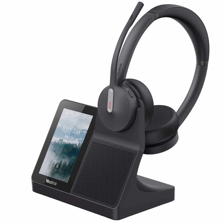 Yealink WH64 Workstation Dual stereo DECT headset mounted on 4-inch touchscreen base station with speakerphone.