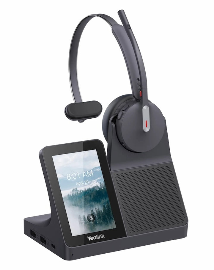 Yealink WH64 Workstation Mono single-ear DECT headset mounted on 4-inch touchscreen base station.