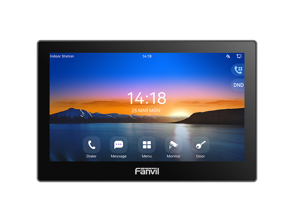 Fanvil i504W is a SIP Indoor Unit 7'' 1024x600 colour touch screen, plastic HD audio, built-in 2W speaker, AEC 2.4 GHz&5GHz Wifi.