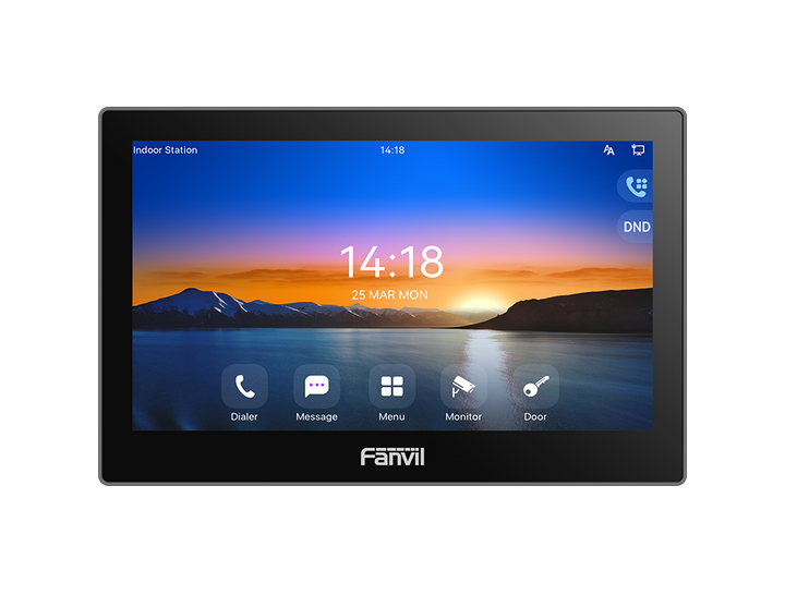 Fanvil i504W is a SIP Indoor Unit 7'' 1024x600 colour touch screen, plastic HD audio, built-in 2W speaker, AEC 2.4 GHz&5GHz Wifi.
