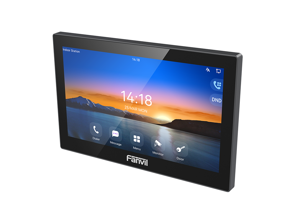 Fanvil i504W is a SIP Indoor Unit 7'' 1024x600 colour touch screen, plastic HD audio, built-in 2W speaker, AEC 2.4 GHz&5GHz Wifi.