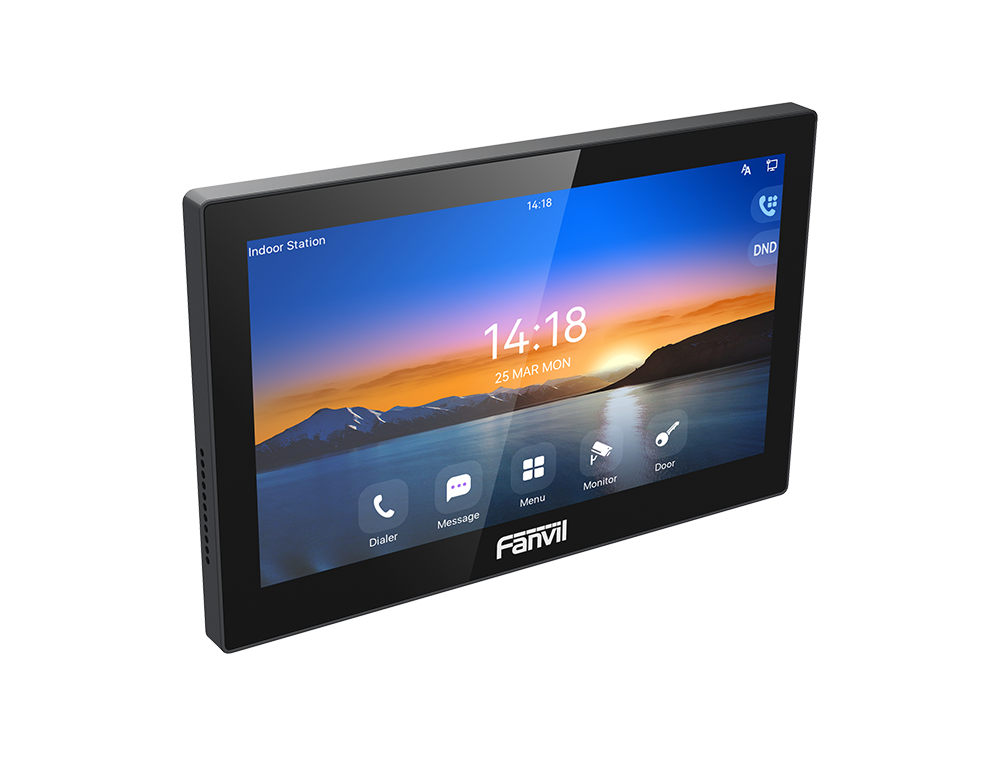 Fanvil i504W is a SIP Indoor Unit 7'' 1024x600 colour touch screen, plastic HD audio, built-in 2W speaker, AEC 2.4 GHz&5GHz Wifi.