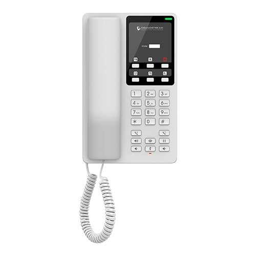 Grandstream GHP620 white IP hotel phone with HD audio, 2 SIP accounts, PoE support, programmable keys, and compact design for hotels, apartments, and healthcare.