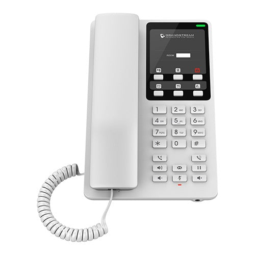 Grandstream GHP620 white IP hotel phone with HD audio, 2 SIP accounts, PoE support, programmable keys, and compact design for hotels, apartments, and healthcare.