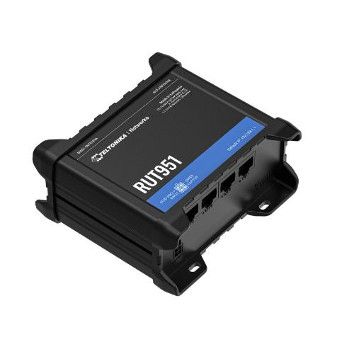 Teltonika RUT951 industrial 4G LTE router with dual SIM, Wi-Fi, 4 Ethernet ports, and WPA2 security, ideal for IoT and industrial applications.