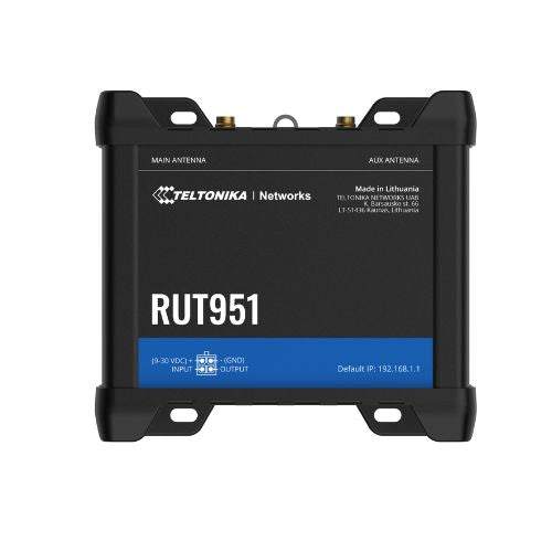 Teltonika RUT951 industrial 4G LTE router with dual SIM, Wi-Fi, 4 Ethernet ports, and WPA2 security, ideal for IoT and industrial applications.