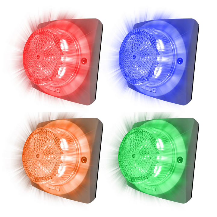 Algo 8138 IP Color Visual Alerter (Strobe Light) mounted on wall, showing high visibility, IP66 outdoor rating, and PoE connectivity.