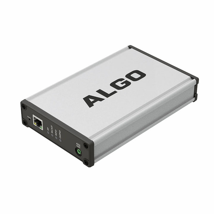 Algo 8305 Multi-Interface IP Paging Adapter shown in a clean, high-resolution isometric view highlighting its silver anodized aluminum chassis, prominent black ALGO logo, and front network configuration panel.