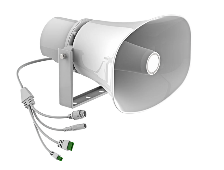 Side view of Fanvil A233 IP horn speaker showing the white outdoor-rated industrial housing and mounting bracket.