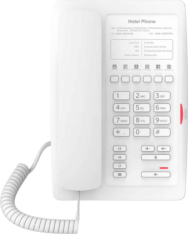 Fanvil H3 Basic Hotel IP Phone in White, showing 6 programmable DSS keys for quick guest service dialing.