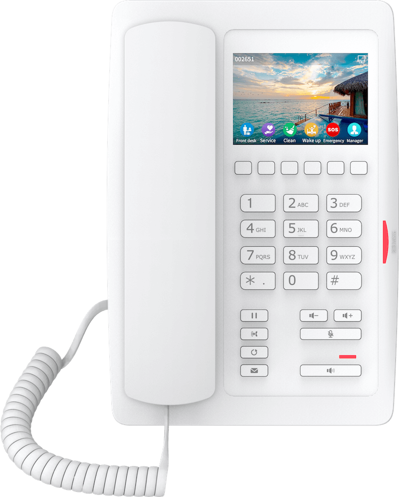 Fanvil H5W Wi-Fi IP Phone with 3.5-inch color display and 6 programmable keys for hotel rooms.