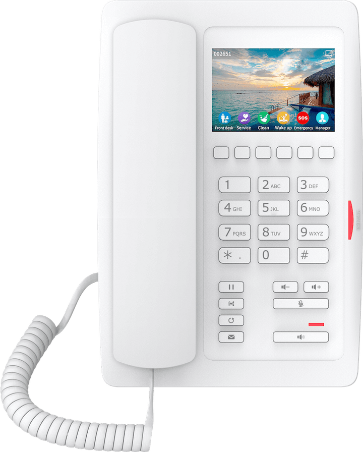 Fanvil H5W Wi-Fi IP Phone with 3.5-inch color display and 6 programmable keys for hotel rooms.