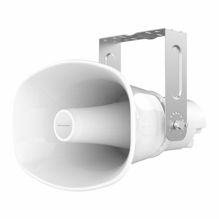 Left angle view of the white Grandstream GSC3518HS commercial outdoor 50W SIP horn speaker featuring a rugged design and a sturdy stainless steel adjustable mounting bracket.
