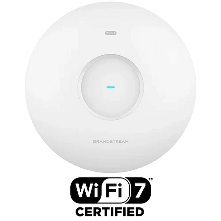 Grandstream GWN7670E Dual-Band Wi-Fi 7 Access Point front view showing sleek white dome body and central LED indicator.