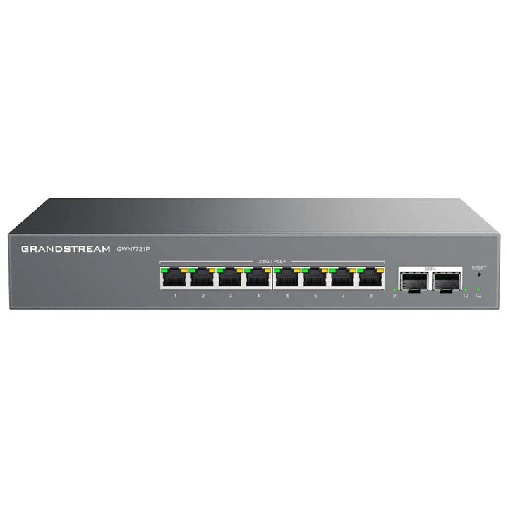 Grandstream GWN7721P Layer 2-Lite Managed Switch featuring 8x 2.5GbE PoE+ ports and 2x 10G SFP+ fiber ports in a metal enclosure.