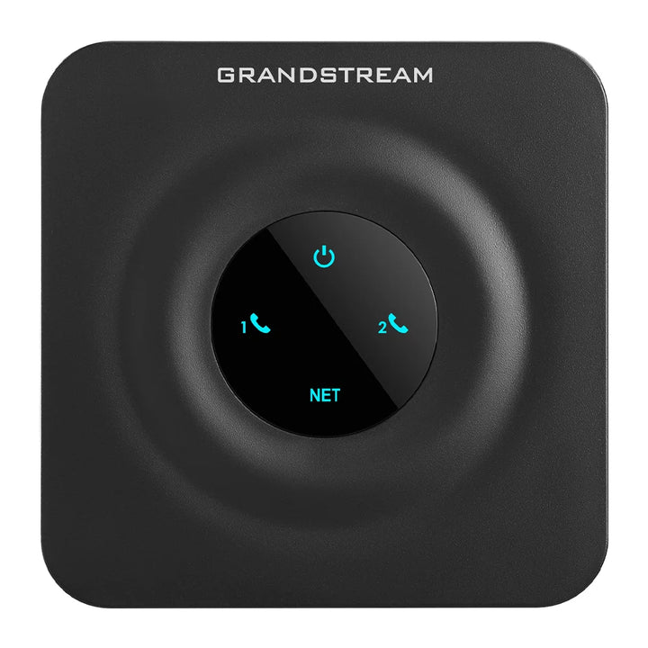 Grandstream HT802-V2 Analog Telephone Adapter, showing the compact size and LED indicators for the two FXS ports.