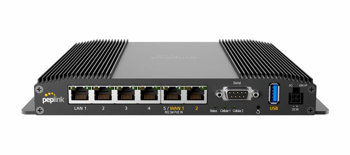 Rear panel of Peplink MAX-BR2-PRO-5GK-T-PRM featuring 2.5G WAN/LAN ports and dual 5G modem SIM slots.