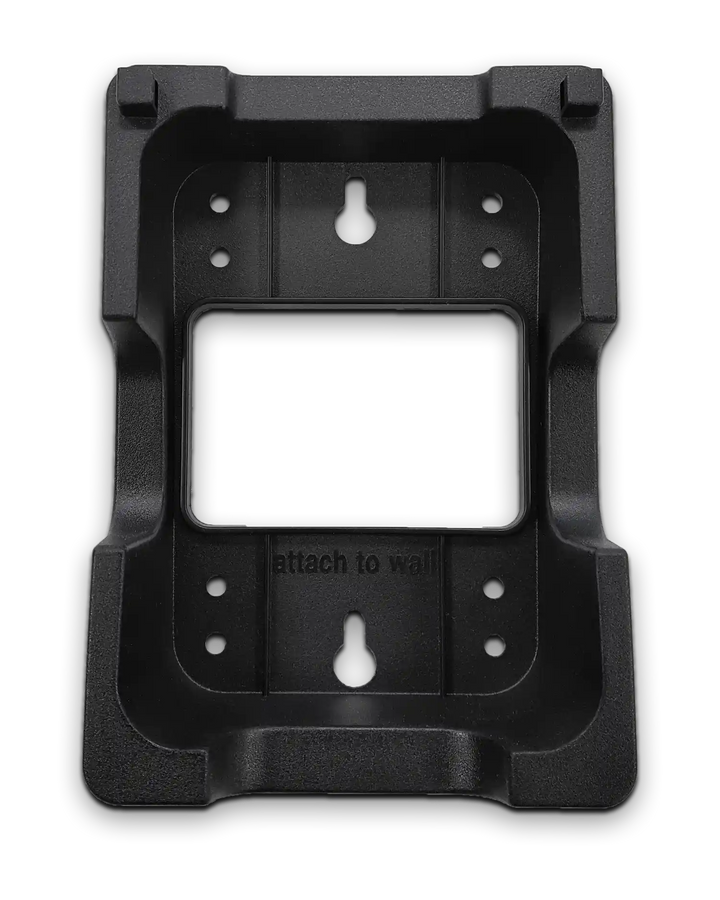 Front view of the black Snom D7xx series IP phone wall mount bracket showing mounting holes and cable cutout.