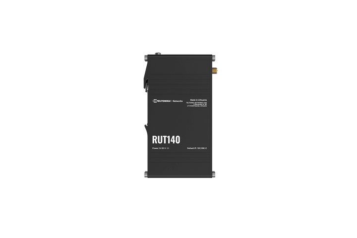 Teltonika RUT140 Industrial Wi-Fi Router showing compact aluminum housing.