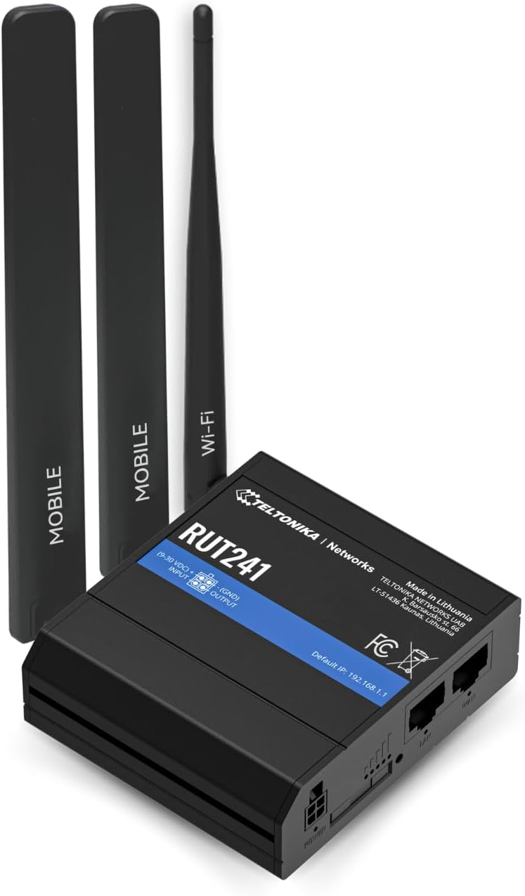 Teltonika RUT241 industrial cellular router with mobile and wifi antenna attached showing SIM slot and LAN ports.