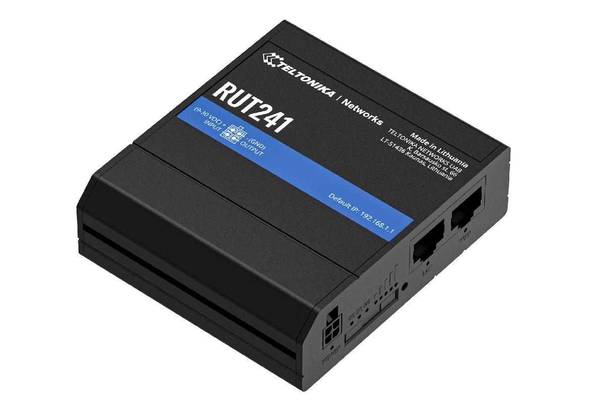 Teltonika RUT241 industrial cellular router enlarged image zooming the SIM slot and LAN ports.