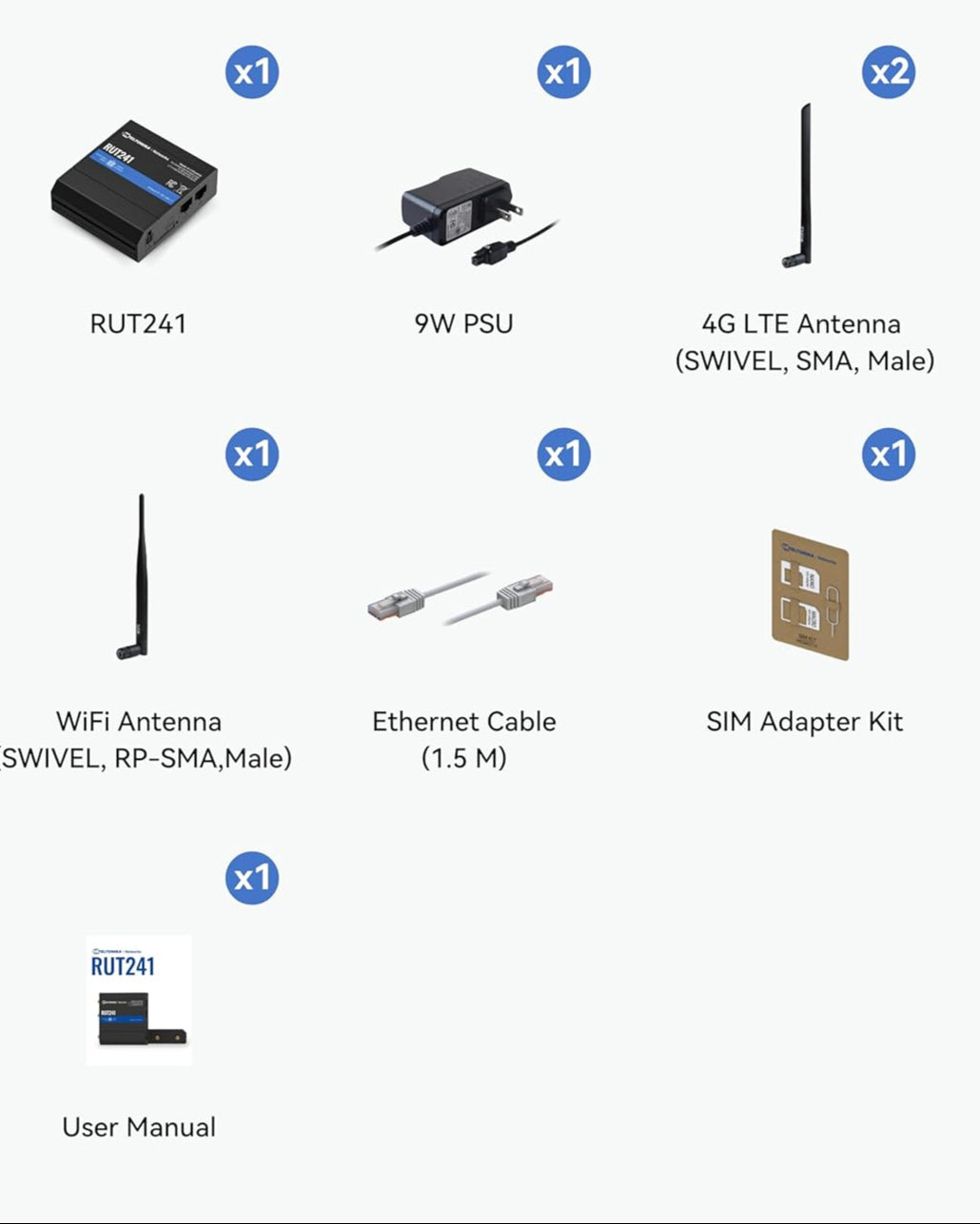 Teltonika RUT241 industrial cellular router package contents