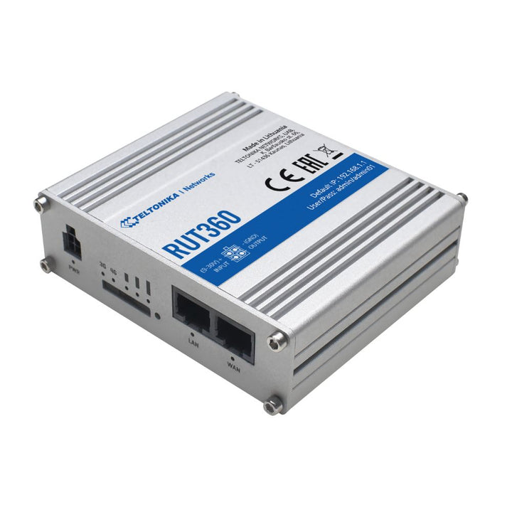 Teltonika RUT360 4G LTE Cat 6 Industrial Router with Wi-Fi, dual WAN failover, and VPN support.