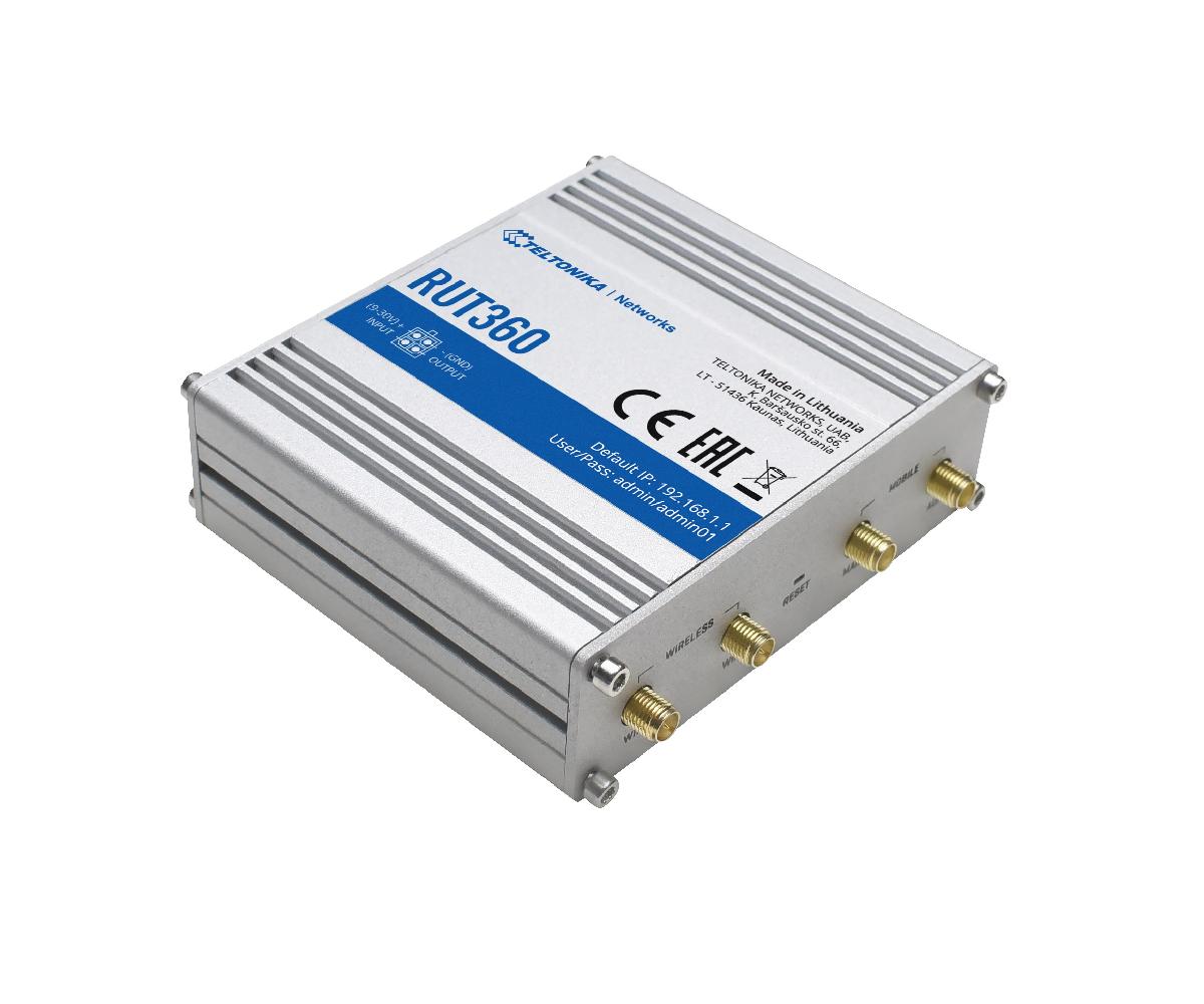Teltonika RUT360 4G LTE Cat 6 Industrial Router with Wi-Fi, dual WAN failover, and VPN support.