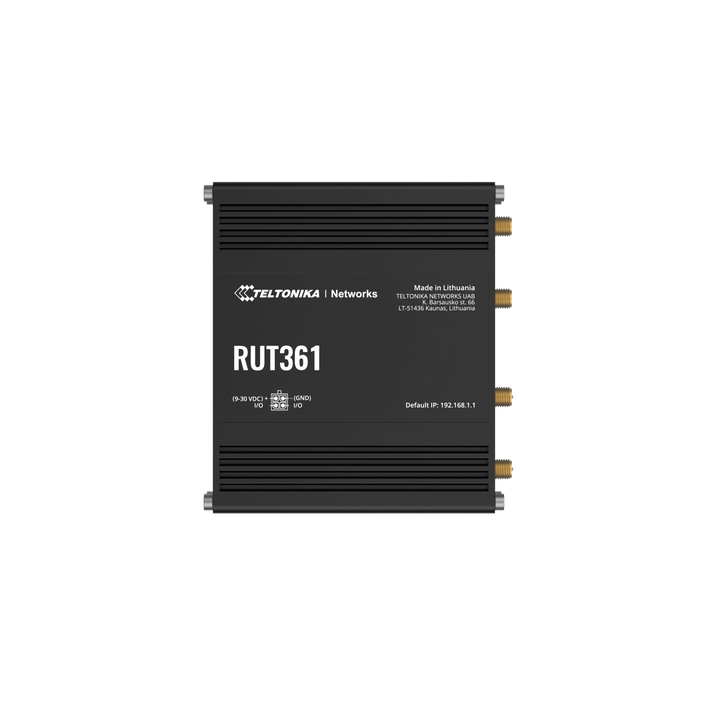 Top view of Teltonika RUT361 showing rugged aluminum housing and default IP address configuration.