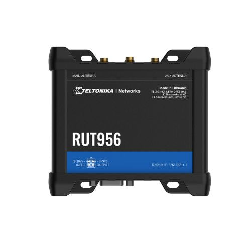 Teltonika RUT956 industrial 4G LTE cellular router with dual SIM and auto-failover.