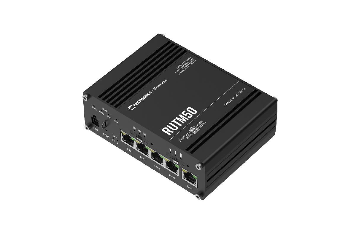 Teltonika RUTM50 5G cellular router side view showing the multiple Ethernet LAN/WAN ports for flexible network redundancy.