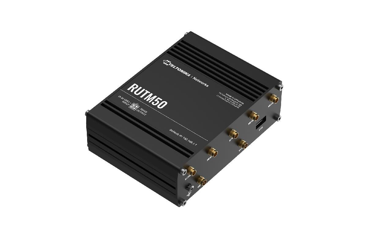 Teltonika RUTM50 5G router side view showing multiple external antenna connections for optimal cellular signal reception and high-speed 5G performance.