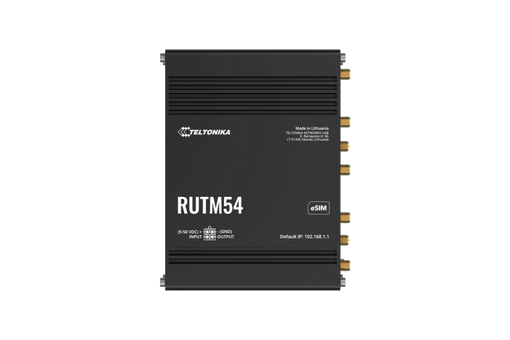 Close-up front view of Teltonika RUTM54 industrial 5G router showing the Teltonika Networks branding and RUTM54 model number on the aluminum housing.