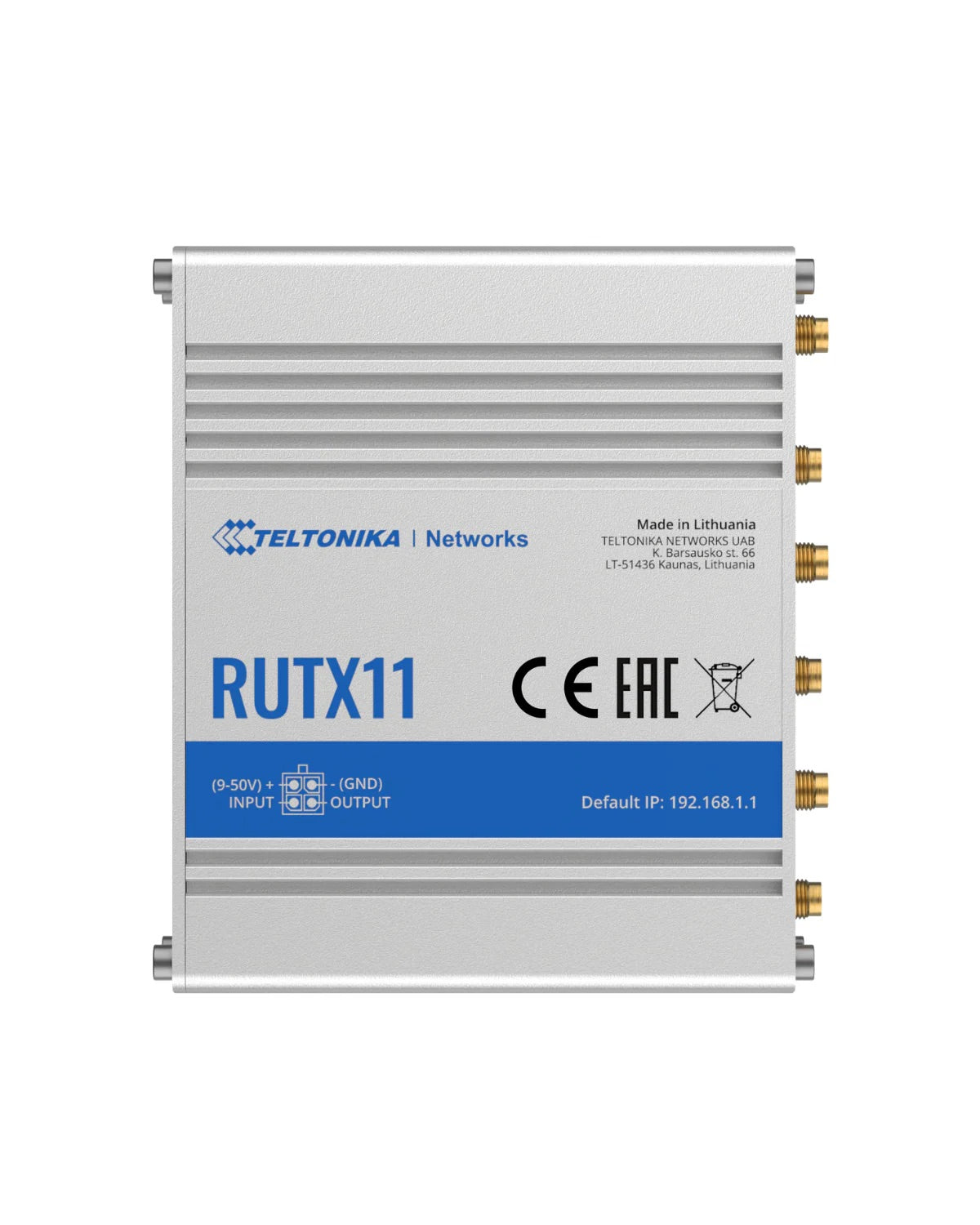 Teltonika RUTX11 4G LTE Cat 6 router with Wi-Fi, GPS, and Bluetooth LE.