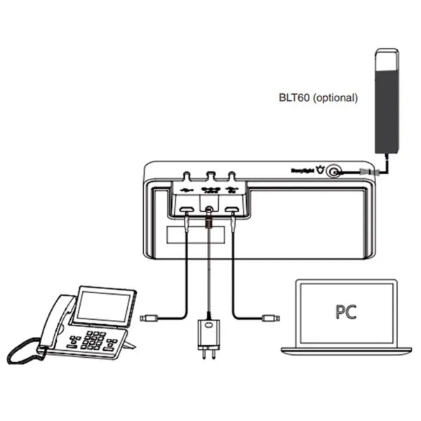 Diagram of the WH62 Mono Teams V3 headset base connections, showing two USB cables connecting the base to a PC (laptop) and a Desk Phone, along with the power adapter and the optional BLT60 busylight accessory plugged in.