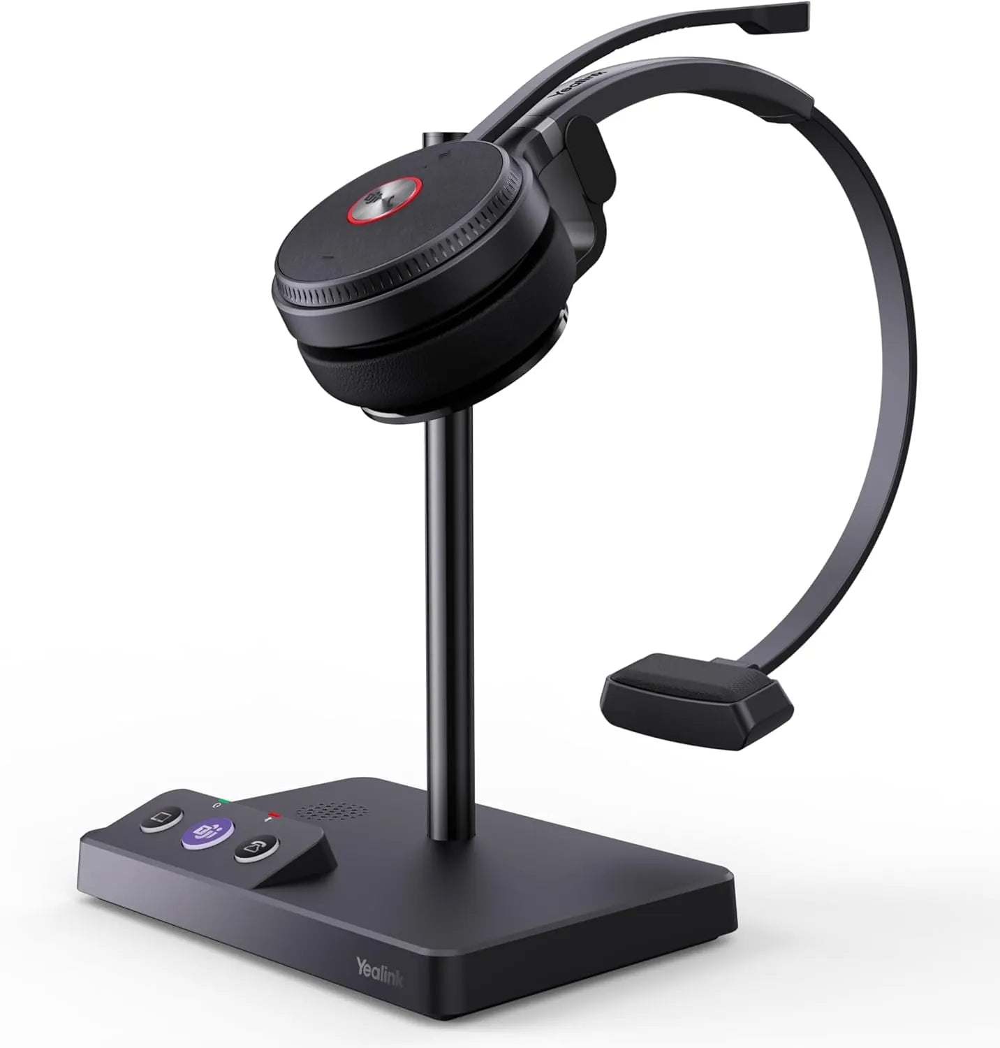 Yealink WH62 Mono Teams V3 DECT wireless headset docked on its charging base. The base features illuminated buttons, including a prominent Microsoft Teams button (with the purple Teams logo).