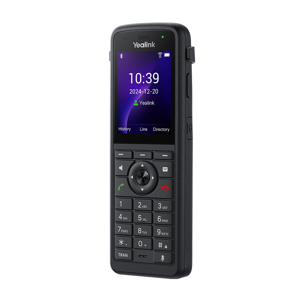 Yealink AX86R portable rugged Wi-Fi 6 IP phone with 2.4-inch color screen and IP67 protection showing belt clip attached.