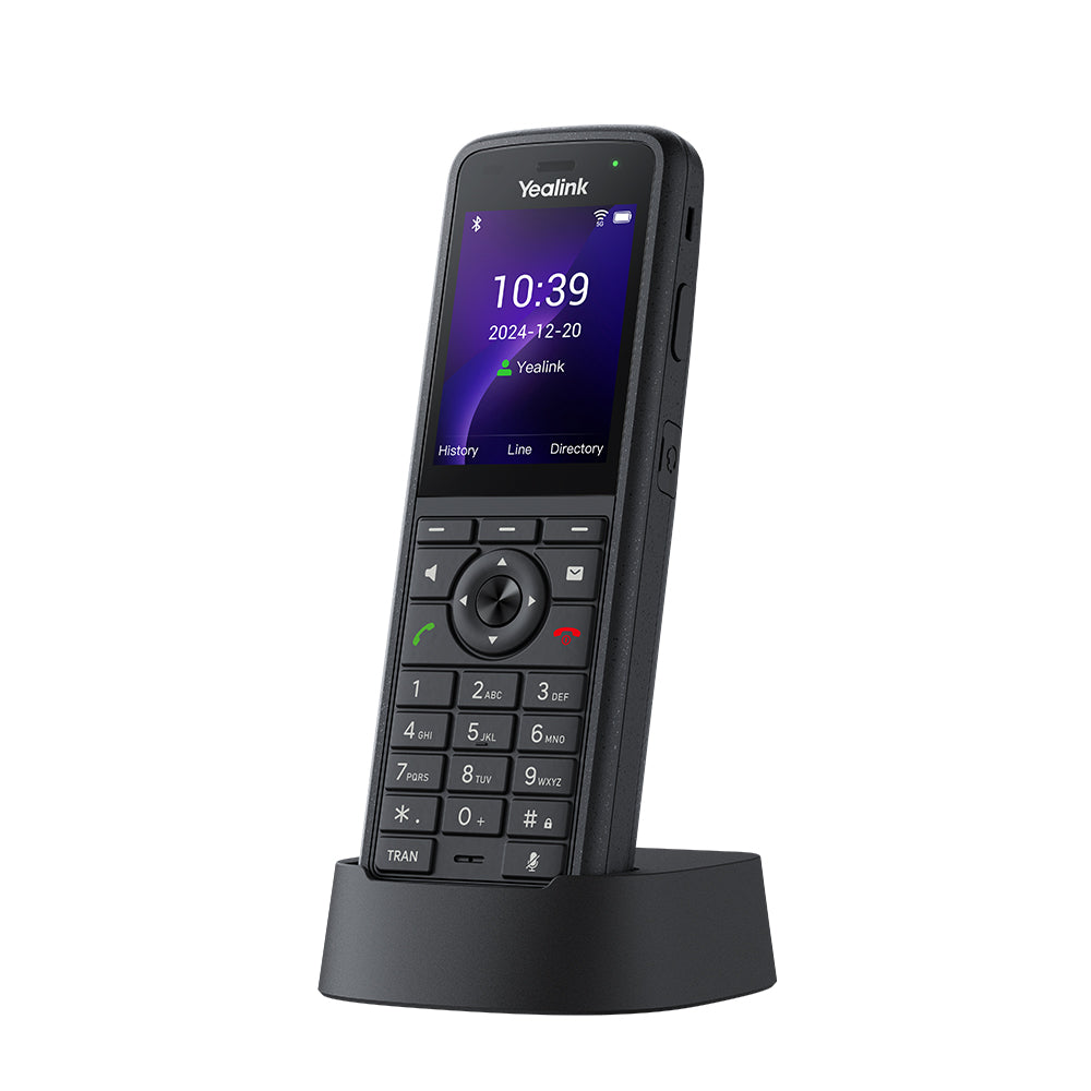 Yealink AX86R portable rugged Wi-Fi 6 IP phone with 2.4-inch color screen and IP67 protection showing earphone plug and PTT key.