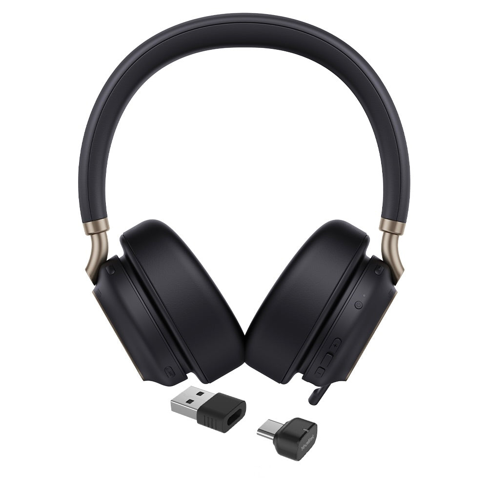 Yealink BH76 Plus UC Headset (front view) showing volume control buttons and usb-c/a adapter.